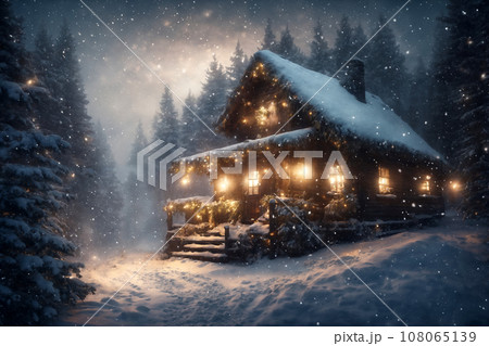 an old hut, decorated with lights for new year holiday, against the background of hard nature in winter, blizzard, dramatic sky and snowy forest, beautiful landscape an old hut, decorated with lights for new year holiday, against the background of hard nature in winter, blizzard, dramatic sky and snowy forest, beautiful landscape 108065139