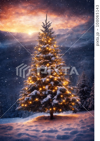 Christmas tree in a winter forest, decorated with garlands and lights, snow covered mountains, beautiful nature at sunset 108065143