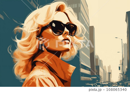 Portrait of a beautiful fashionable woman with a hairstyle and sunglasses, in a city street. Bright day, teal and orange color. Illustration poster in the style of 1960 108065340
