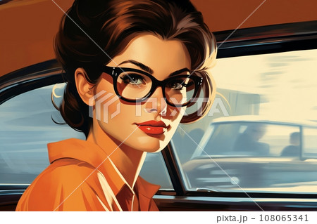 Portrait of a beautiful fashionable woman with a hairstyle and sunglasses, in a car. Bright day, orange color. Illustration poster in the style of 1960 Portrait of a beautiful fashionable woman with a hairstyle and sunglasses, in a car. Bright day, orange color. Illustration poster in the style of 1960 108065341