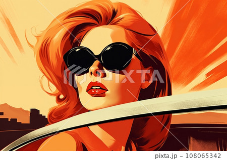 Portrait of a beautiful fashionable woman with a hairstyle and sunglasses, in a car. Bright day, orange color. Illustration poster in the style of 1960 108065342