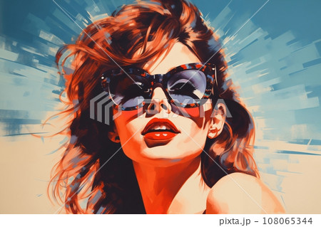 Portrait of a beautiful fashionable woman with a hairstyle and sunglasses, on a blue sky background. Bright day, teal and orange color. Illustration poster in the style of 1960 108065344