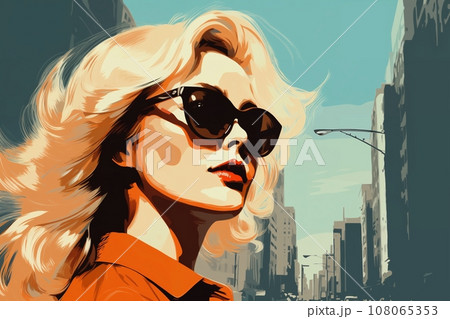 Portrait of a beautiful fashionable woman with a hairstyle and sunglasses, in a city street. Bright day, teal and orange color. Illustration poster in the style of 1960 108065353
