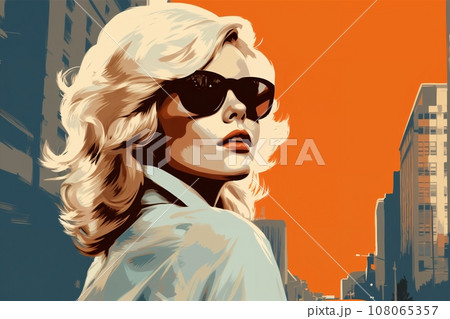 Portrait of a beautiful fashionable woman with a hairstyle and sunglasses, in a city street. Bright day, teal and orange color. Illustration poster in the style of 1960 Portrait of a beautiful fashionable woman with a hairstyle and sunglasses, in a city street. Bright day, teal and orange color. Illustration poster in the style of 1960 108065357