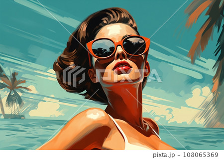 Portrait of a beautiful fashionable woman with a hairstyle and sunglasses, in a bikini or swimsuit, on a beach, blue sky background. Illustrative poster in style of the 1960s Portrait of a beautiful fashionable woman with a hairstyle and sunglasses, in a bikini or swimsuit, on a beach, blue sky background. Illustrative poster in style of the 1960s 108065369