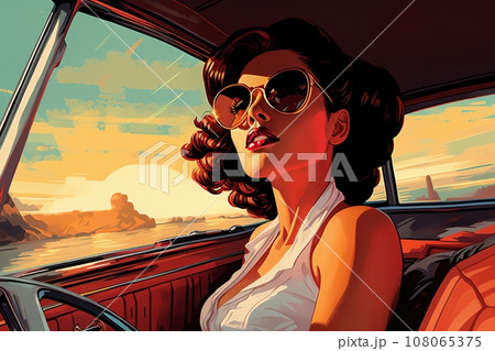 Portrait of a beautiful fashionable woman with a hairstyle and sunglasses, in a car. Bright sunset sky, orange color. Illustration poster in the style of 1960 Portrait of a beautiful fashionable woman with a hairstyle and sunglasses, in a car. Bright sunset sky, orange color. Illustration poster in the style of 1960 108065375