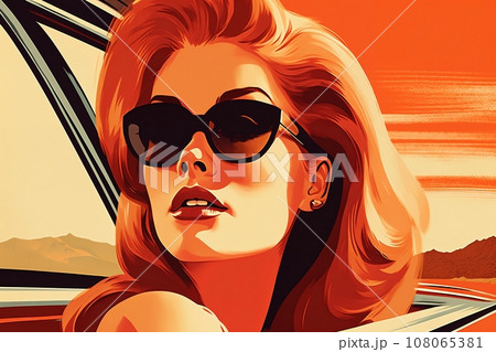Portrait of a beautiful fashionable woman with a hairstyle and sunglasses, in a car. Bright day, orange color. Illustration poster in the style of 1960 Portrait of a beautiful fashionable woman with a hairstyle and sunglasses, in a car. Bright day, orange color. Illustration poster in the style of 1960 108065381