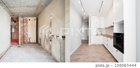 Photo collage of old apartment and new renovated room with parquet floor, kitchen counter, stove and white kitchen furniture. Concept of home renovation, restoration and refurbishment. Photo collage of old apartment and new renovated room with parquet floor, kitchen counter, stove and white kitchen furniture. Concept of home renovation, restoration and refurbishment. 108065444