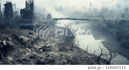Destroyed city view during war, urban landscape of buildings ruins, river and rubbles. Deserted scene due to missile attacks and bombing. Concept of wasteland, apocalypse 108065533
