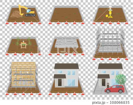 一戸建て住宅完成までの工程（新築工事の流れ）のイラスト 108066835