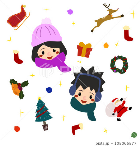クリスマスに囲まれた男女の子供のイラスト 108066877