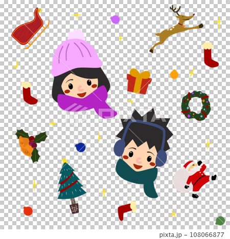 クリスマスに囲まれた男女の子供のイラスト 108066877