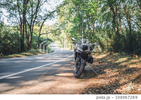 バイクツーリング 林を抜ける秋の木洩れ日の道　a-4 フィルム調 108067269