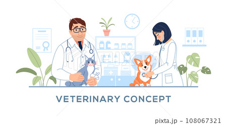 Veterinary clinic concept. Male, female veterinarians with stethoscope are doing veterinary exam on hospital background. Cute animals dog and cat diagnostics Flat line pet medicine illustration 108067321