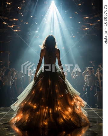Fictional woman artist in dress on big stage of luxury concert hall AI 108067675