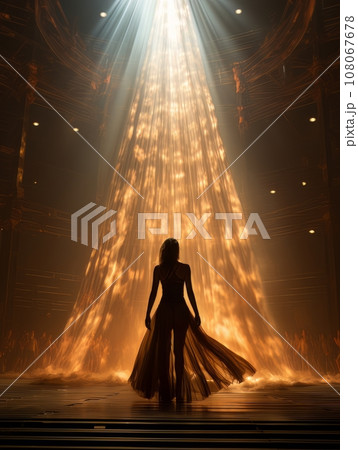 Fictional woman artist in dress on big stage of luxury concert hall AI Fictional woman artist in dress on big stage of luxury concert hall AI 108067678