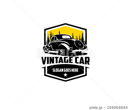 vintage car 1932 Ford coupe. isolated white background appears from behind with a stunning sunset view. best for logo, badge, emblem, icon, sticker design. available in esp 10 108068684