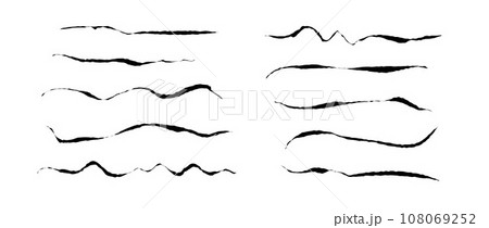 Rough ink lines set. Grunge wavy brush strokes collection. Black uneven underline curved waves. Hand drawn imitation elements for banner, banner, decoration. Vector doodle textured jagged wiggles Rough ink lines set. Grunge wavy brush strokes collection. Black uneven underline curved waves. Hand drawn imitation elements for banner, banner, decoration. Vector doodle textured jagged wiggles 108069252