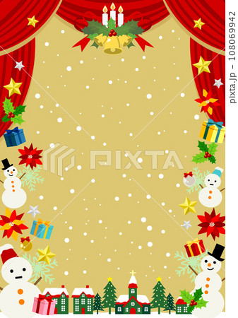 クリスマス、赤、幕、緞帳、フレーム、劇場、背景、縦型、雪、かわいい、イラスト、街並み クリスマス、赤、幕、緞帳、フレーム、劇場、背景、縦型、雪、かわいい、イラスト、街並み 108069942