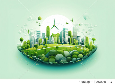Green city with nature landscape and windmill farm in illustration isometric isolated. Eco friendly environment. Renewable energy and sustainable energy concept. Generative AI. 108070113