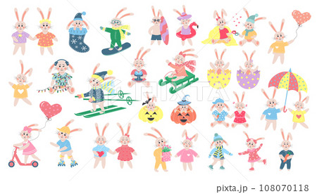 Big set of cute rabbits. Funny boy and girl bunny in different poses and clothes. Cartoon forest characters collection. 108070118