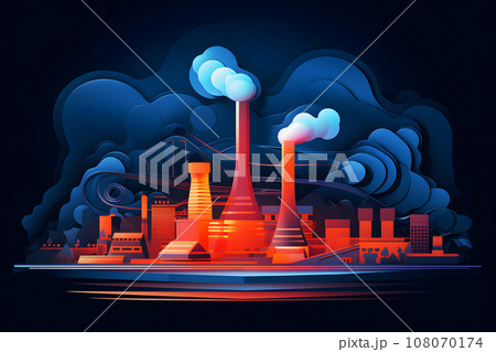 Power station, the oil refinery or petrochemical plant with smoke in paper cut art illustration style with neon color. Air pollution and emission ecology environment problem concept. Generative AI. 108070174