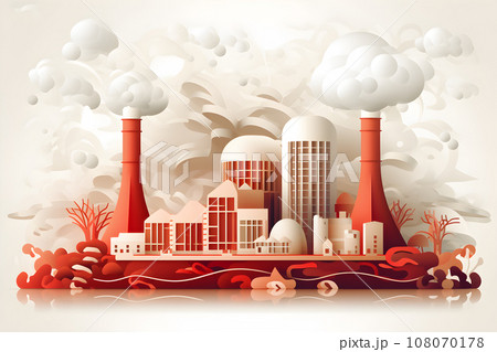 Power station, the oil refinery or petrochemical plant with smoke in paper cut art illustration style. Air pollution and emission ecology environment problem concept. Generative AI. 108070178