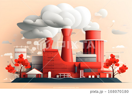 Power station, the oil refinery or petrochemical plant with smoke in paper cut art illustration style. Air pollution and emission ecology environment problem concept. Generative AI. 108070180