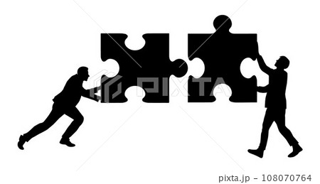 Two men connect two puzzle pieces. Teamwork, partnership and cooperation concept. Business solution, solving a problem 108070764