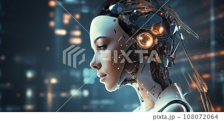 Futuristic AI Woman, Robot with Touch Technology Interface 108072064