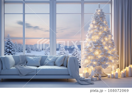 Christmas, white modern living room with a snowy forest outside the window. Modern interior design 108072069