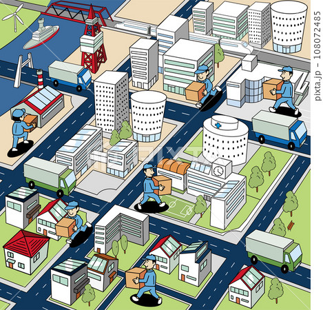 配達員がまちの中で荷物を配送するジオラマイラスト 108072485