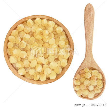 木の器と木のスプーンに入った大豆の水彩イラスト 俯瞰 木の器と木のスプーンに入った大豆の水彩イラスト 俯瞰 108072842