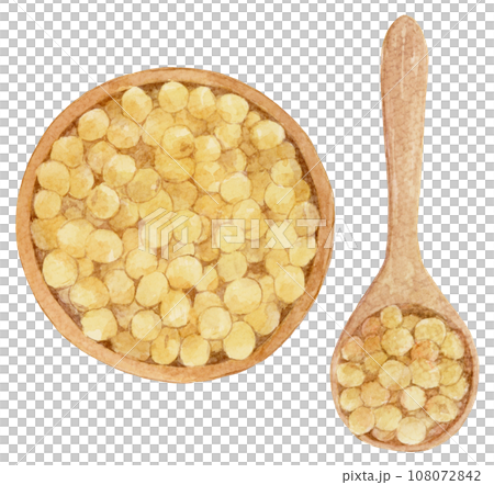 木の器と木のスプーンに入った大豆の水彩イラスト 俯瞰 木の器と木のスプーンに入った大豆の水彩イラスト 俯瞰 108072842
