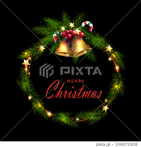 Isolated Christmas wreath with golden bells on a black background. 108072938