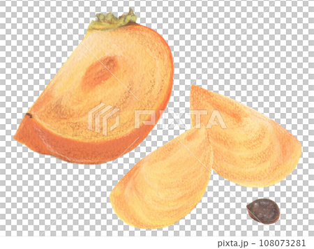 Persimmon acrylic painting illustration: cut persimmons, peeled and cut persimmons, and seeds 108073281