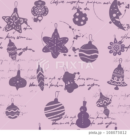 Seamless pattern Christmas toys, balls retro doodle decoration. Illegible text 108073812