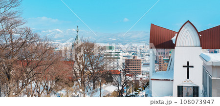 Episcopal Church with snow in winter season, founded by an English priest who visited Hakodate in 1874. landmark and popular for attractions in Hokkaido, Japan. Travel and Vacation concept 108073947
