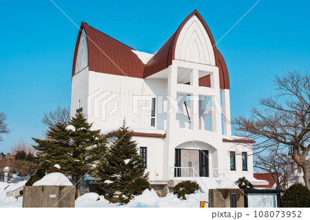 Episcopal Church with snow in winter season, founded by an English priest who visited Hakodate in 1874. landmark and popular for attractions in Hokkaido, Japan. Travel and Vacation concept 108073952