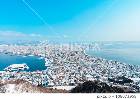 Beautiful landscape and cityscape from Hakodate Mountain with Snow in winter season. landmark and popular for attractions in Hokkaido, Japan.Travel and Vacation concept 108073959