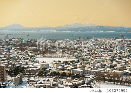 Beautiful landscape and cityscape from Goryokaku Tower with Snow in winter season. landmark and popular for attractions in Hokkaido, Japan.Travel and Vacation concept Beautiful landscape and cityscape from Goryokaku Tower with Snow in winter season. landmark and popular for attractions in Hokkaido, Japan.Travel and Vacation concept 108073992