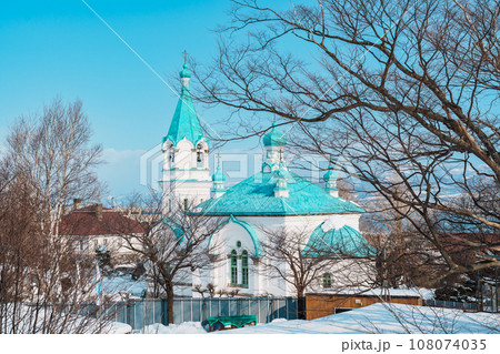 Hakodate Russian Orthodox Church with Snow in winter season. landmark and popular for attractions in Hokkaido, Japan. Travel and Vacation concept Hakodate Russian Orthodox Church with Snow in winter season. landmark and popular for attractions in Hokkaido, Japan. Travel and Vacation concept 108074035