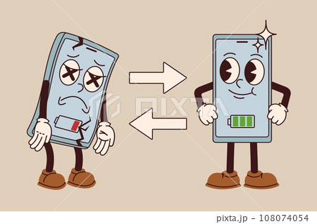 Cartoon trade-in smartphone deal. Mobile phone battery changing, exchange old gadget to new device vector illustration Cartoon trade-in smartphone deal. Mobile phone battery changing, exchange old gadget to new device vector illustration 108074054