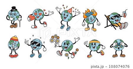 Cartoon planet Earth mascot. Funny globe in style of 1930s rubber hose animation character. Isolated vector illustration set 108074076