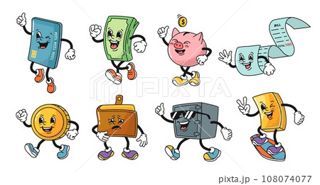 Cartoon banking mascots. Money, bank card, wallet and safe characters in retro 1930s rubber hose animation style. Isolated vector illustration set 108074077