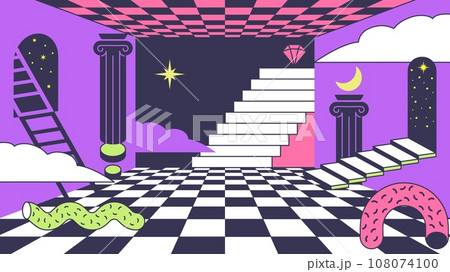 Surreal background. Trippy room with checkered floor, abstract stairs and psychedelic portal doors. Surrealistic liminal space vector illustration 108074100
