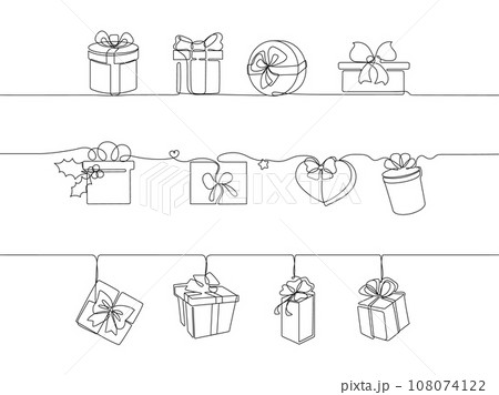 Continuous one line gifts dividers. Christmas gift border, hand drawn gifting boxes seamless garland horizontal pattern vector illustration set 108074122