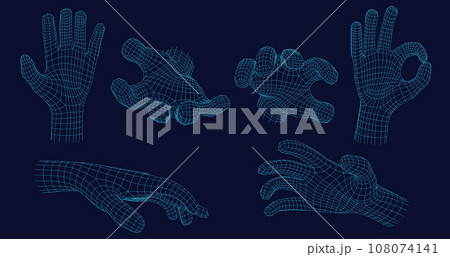 Wireframe hand gestures. Grabbing gesture, open palm and digital ok hand sign in futuristic 3D hologram mesh grid style vector set with editable stroke paths 108074141