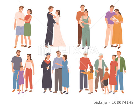 Family development stages. Lifes Journey from meeting to Grandparenthood cartoon vector illustrations set 108074148