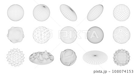 Wireframe 3D circle grid shapes. Geometric sphere mesh, abstract round figures vector set with editable stroke paths 108074153